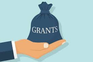 Cartoon of a hand holding a money bag labeled "Grants"